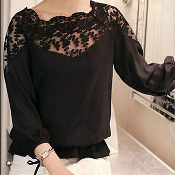 Sleeve Lace Hollow Casual Chiffon Blouse Crop Top