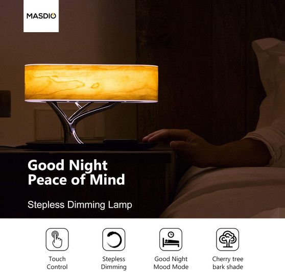 Bedside Lamp with Bluetooth Speaker and Wireless Charger.