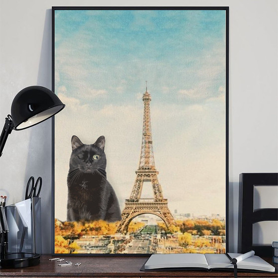 Black Cat Eiffel Tower Canvas Blind Cat Paris France Wall Decor Spring Gift For Cat Owner