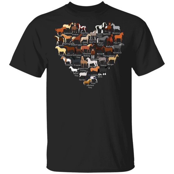 Heart Loves Horse Breeds T-Shirt Love Horse Faces Shirts Graphic Tee Gifts For Horse Lovers