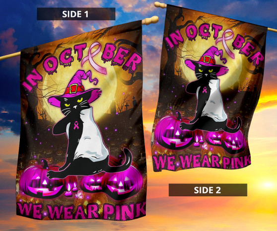 Black Cat In October We Wear Pink Flag Breast Cancer Halloween Welcome Home Decor For Women
