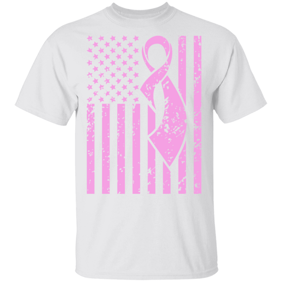 Breast Cancer Awareness T-Shirt Pink Ribbon On American Flag Cure For Breast Cancer Pride Gifts