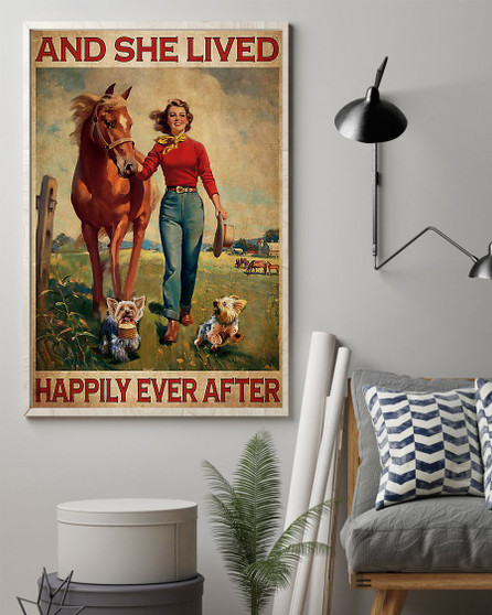 Yorkie And Horse And She Lived Happily Ever After Vintage Poster Art Wall Decor