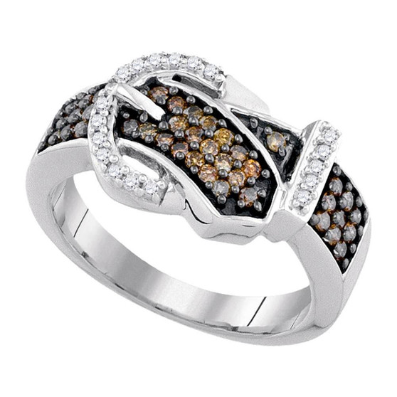 Diamond Fashion Ring |  10kt White Gold Womens Round Brown Diamond Belt Buckle Band Ring 1/2 Cttw |  Splendid Jewellery