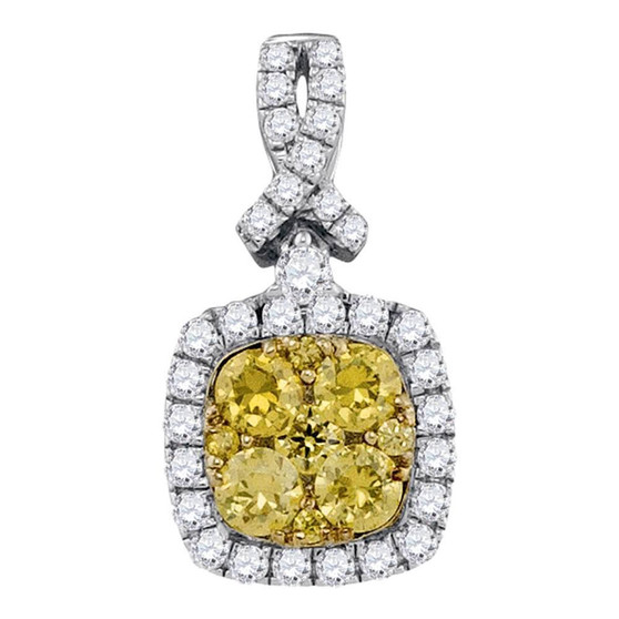 Diamond Cluster Pendant |  14kt White Gold Womens Round Yellow Diamond Cluster Square Frame Pendant 1 Cttw |  Splendid Jewellery