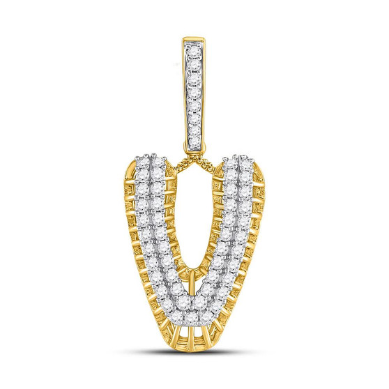 Men's Diamond Charm Pendant |  10kt Yellow Gold Mens Round Diamond V Letter Charm Pendant 1 Cttw |  Splendid Jewellery