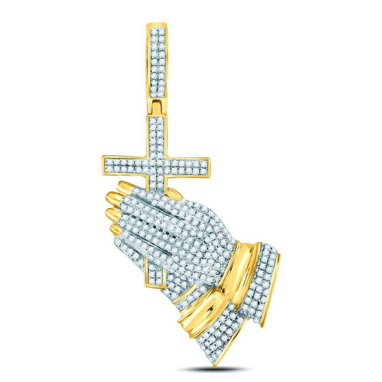 Men's Diamond Charm Pendant |  10kt Yellow Gold Mens Round Diamond Praying Hands Cross Charm Pendant 1-1/2 Cttw |  Splendid Jewellery