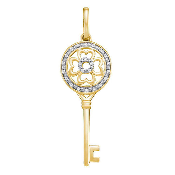Diamond Key Pendant |  10kt Yellow Gold Womens Round Diamond Circle Handle Key Pendant 1/20 Cttw |  Splendid Jewellery