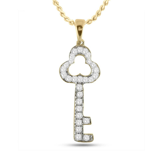 Diamond Key Pendant |  10kt Yellow Gold Womens Round Diamond Trefoil Key Pendant 1/6 Cttw |  Splendid Jewellery