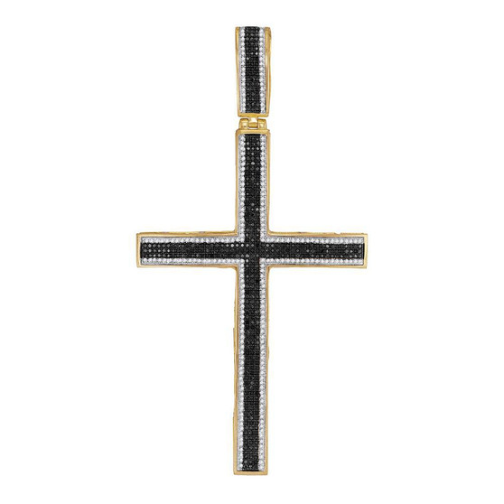 Men's Diamond Charm Pendant |  10kt Yellow Gold Mens Round Black Color Enhanced Diamond Roman Cross Charm Pendant 1-7/8 Cttw |  Splendid Jewellery