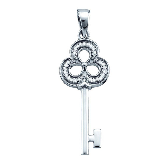 Diamond Key Pendant |  Sterling Silver Womens Round Diamond Trefoil Key Love Pendant 1/12 Cttw |  Splendid Jewellery