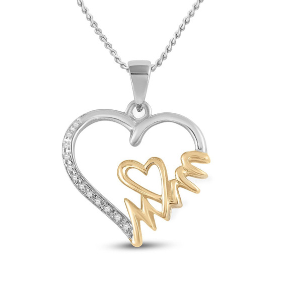 Diamond For Mom Pendant |  Sterling Silver Womens Round Diamond Yellow-tone Mom Heart Pendant 1/20 Cttw |  Splendid Jewellery