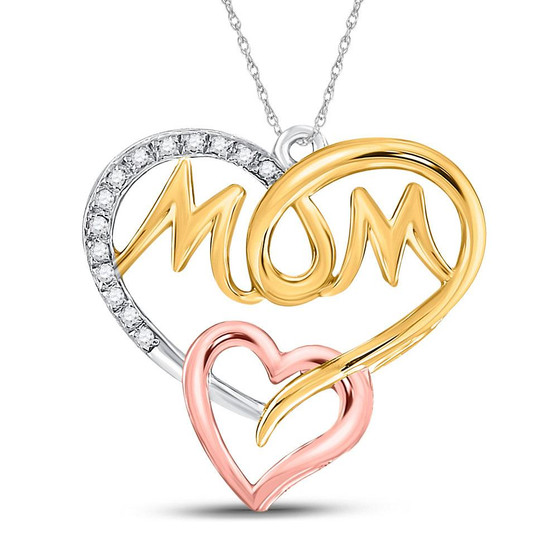 Diamond For Mom Pendant |  Sterling Silver Womens Round Diamond Tri-tone Mom Mother Heart Pendant 1/20 Cttw |  Splendid Jewellery