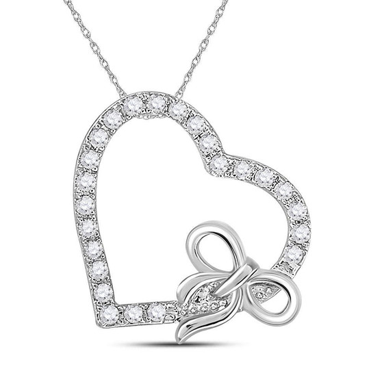 Diamond Heart & Love Symbol Pendant |  14kt White Gold Womens Round Diamond Heart Bow Pendant 1/4 Cttw |  Splendid Jewellery