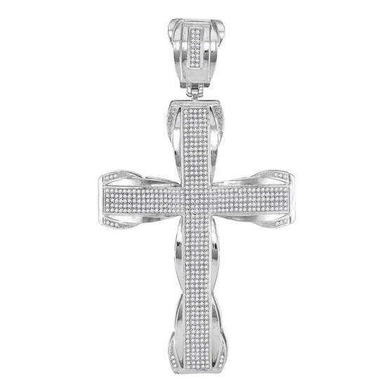 Men's Diamond Charm Pendant |  10kt White Gold Mens Round Diamond Flared Roman Cross Charm Pendant 1-1/2 Cttw |  Splendid Jewellery