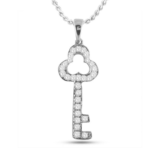 Diamond Key Pendant |  10kt White Gold Womens Round Diamond Trefoil Key Pendant 1/6 Cttw |  Splendid Jewellery