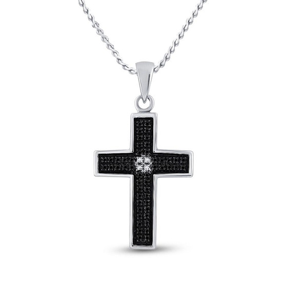 Diamond Cross Pendant |  Sterling Silver Womens Round Black Color Enhanced Diamond Cross Pendant 1/6 Cttw |  Splendid Jewellery