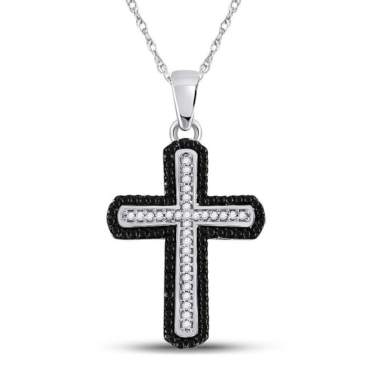 Diamond Cross Pendant |  10kt White Gold Womens Round Black Color Enhanced Diamond Cross Pendant 1/5 Cttw |  Splendid Jewellery