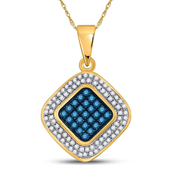 Diamond Fashion Pendant |  10kt Yellow Gold Womens Round Blue Color Enhanced Diamond Square Pendant 1/4 Cttw |  Splendid Jewellery