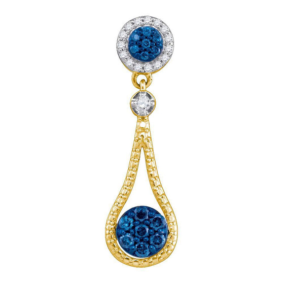 Diamond Cluster Pendant |  10kt Yellow Gold Womens Round Blue Color Enhanced Diamond Cluster Pendant 1/3 Cttw |  Splendid Jewellery