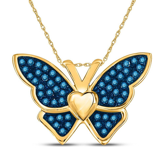 Diamond Animal & Bug Pendant |  10kt Yellow Gold Womens Round Blue Color Enhanced Diamond Butterfly Bug Pendant 1/6 Cttw |  Splendid Jewellery