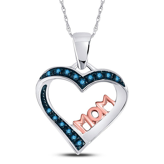 Diamond For Mom Pendant |  Sterling Silver Womens Round Blue Color Enhanced Diamond Heart Mom Pendant 1/10 Cttw |  Splendid Jewellery