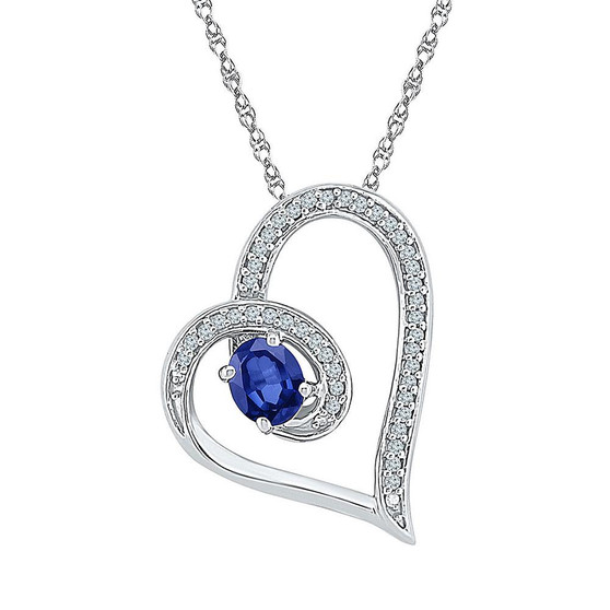 Gemstone Heart & Love Symbol Pendant |  Sterling Silver Womens Oval Lab-Created Blue Sapphire Heart Diamond-accent Pendant 5/8 Cttw |  Splendid Jewellery