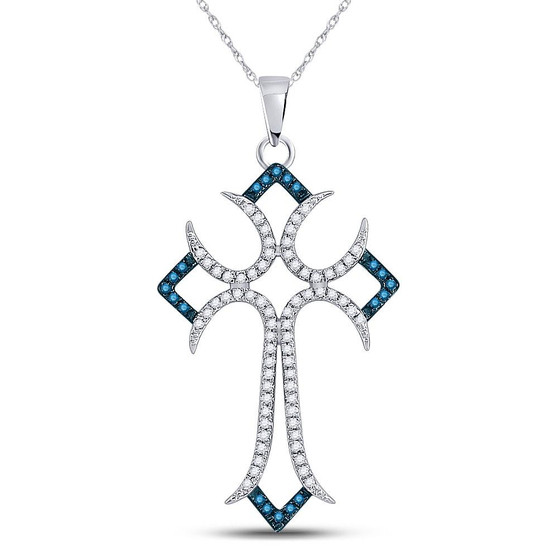 Diamond Cross Pendant |  10kt White Gold Womens Round Blue Color Enhanced Diamond Flared Cross Pendant 1/4 Cttw |  Splendid Jewellery