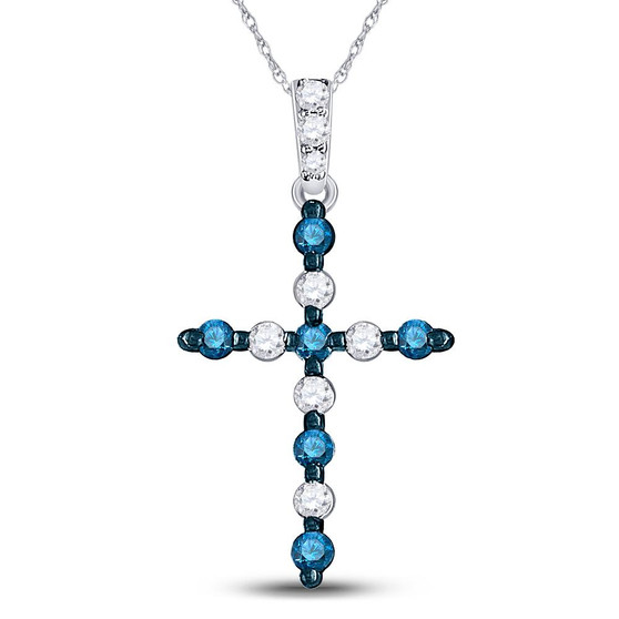 Diamond Cross Pendant |  10kt White Gold Womens Round Blue Color Enhanced Diamond Cross Pendant 1/4 Cttw |  Splendid Jewellery