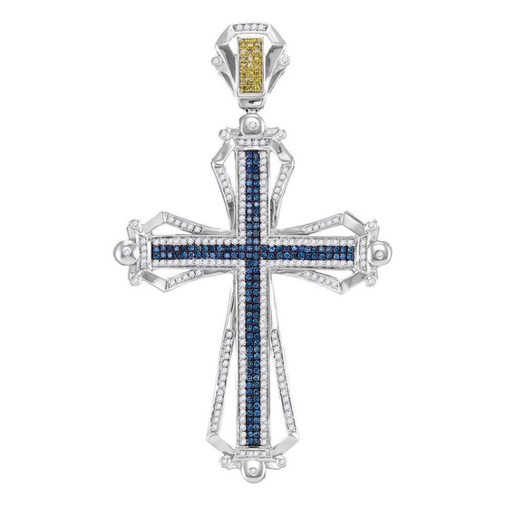 Men's Diamond Charm Pendant |  10kt White Gold Mens Round Blue Color Enhanced Diamond Cross Charm Pendant 1-1/5 Cttw |  Splendid Jewellery