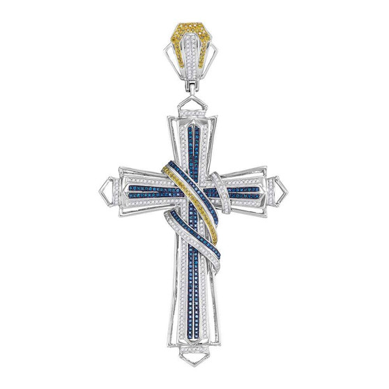 Men's Diamond Charm Pendant |  10kt White Gold Mens Round Blue Color Enhanced Diamond Cross Charm Pendant 1-5/8 Cttw |  Splendid Jewellery