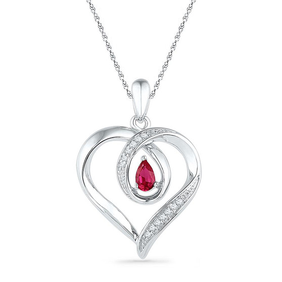 Gemstone Heart & Love Symbol Pendant |  10kt White Gold Womens Pear Lab-Created Ruby Diamond Heart Pendant 1/20 Cttw |  Splendid Jewellery