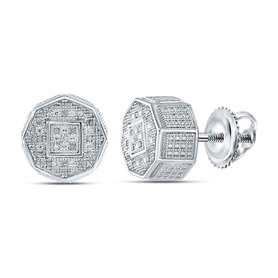 Men's Diamond Earrings |  Sterling Silver Unisex Round Diamond Octagon Cluster Stud Earrings 1/10 Cttw |  Splendid Jewellery