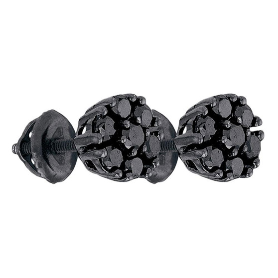 Men's Diamond Earrings |  Black-finish Sterling Silver Mens Round Black Color Enhanced Diamond Cluster Earrings 1 Cttw |  Splendid Jewellery
