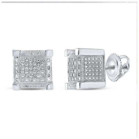 Men's Diamond Earrings |  Sterling Silver Mens Round Diamond 3D Square Cluster Stud Earrings 1/5 Cttw |  Splendid Jewellery