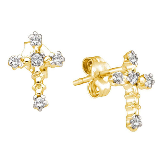 Earrings |  10kt Yellow Gold Womens Round Diamond Cross Earrings 1/20 Cttw |  Splendid Jewellery