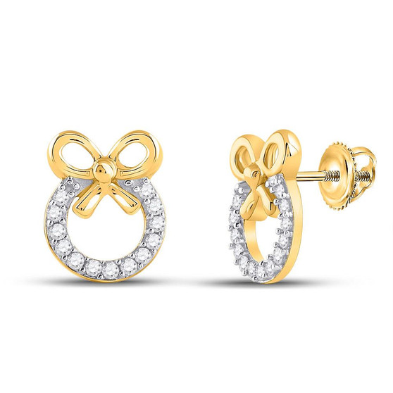 Earrings |  10kt Yellow Gold Womens Round Diamond Ribbon Bow Circle Earrings 1/10 Cttw |  Splendid Jewellery