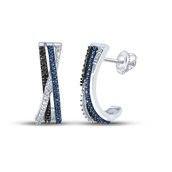 Earrings |  Sterling Silver Womens Round Blue Color Enhanced Diamond Half J Hoop Earrings 1/5 Cttw |  Splendid Jewellery