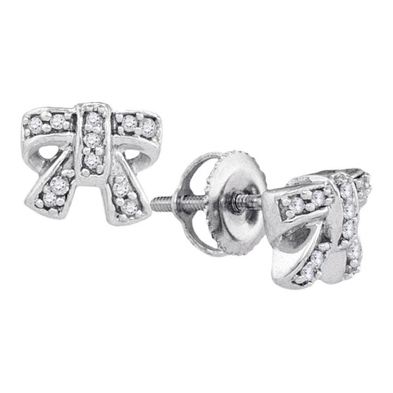 Earrings |  10kt White Gold Womens Round Diamond Ribbon Bow Earrings 1/10 Cttw |  Splendid Jewellery