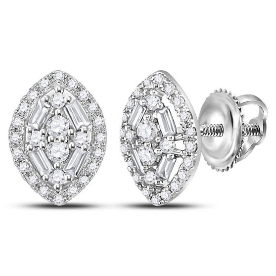 Earrings |  14kt White Gold Womens Round Baguette Diamond Oval Cluster Earrings 1/3 Cttw |  Splendid Jewellery