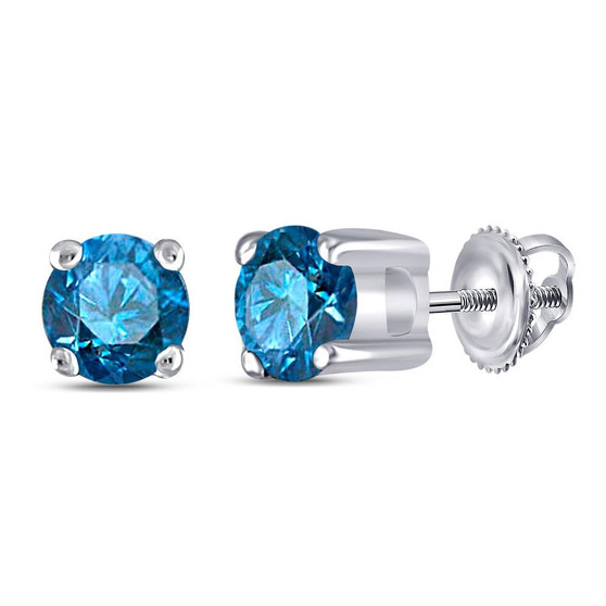 Earrings |  10kt White Gold Womens Round Blue Color Enhanced Diamond Solitaire Stud Earrings 1/4 Cttw |  Splendid Jewellery