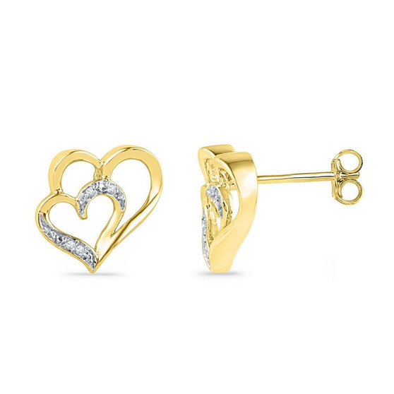 Earrings |  10kt Yellow Gold Womens Round Diamond Heart Earrings .03 Cttw |  Splendid Jewellery