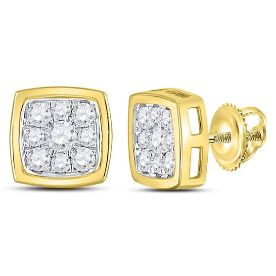 Earrings |  14kt Yellow Gold Womens Round Diamond Square Cluster Stud Earrings 1/2 Cttw |  Splendid Jewellery
