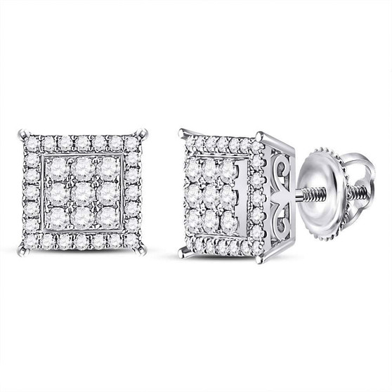 Earrings |  14kt White Gold Womens Round Diamond Square Cluster Earrings 1/2 Cttw |  Splendid Jewellery