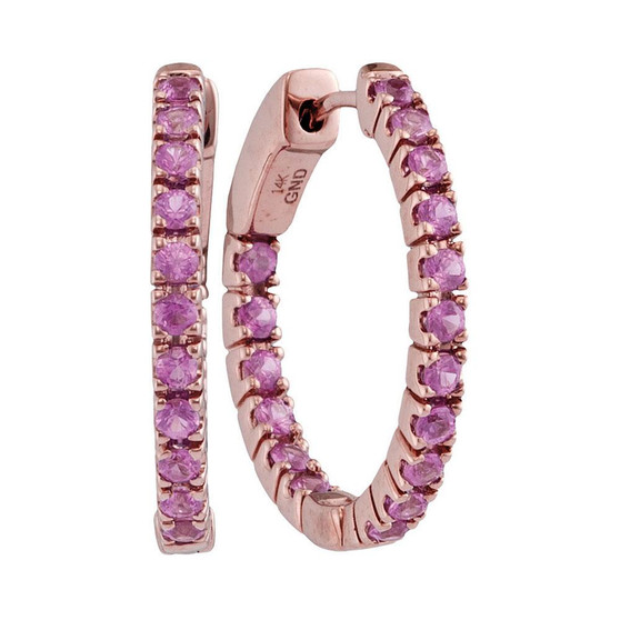 Earrings |  14kt Rose Gold Womens Round Pink Sapphire Hoop Earrings 1-1/4 Cttw |  Splendid Jewellery