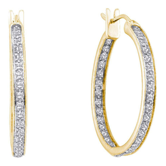 Earrings |  14kt Yellow Gold Womens Round Diamond Inside Outside Hoop Earrings 1/4 Cttw |  Splendid Jewellery