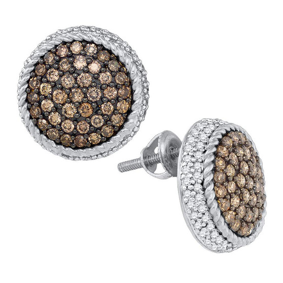 Earrings |  10kt White Gold Womens Round Brown Diamond Roped Cluster Earrings 1-1/3 Cttw |  Splendid Jewellery