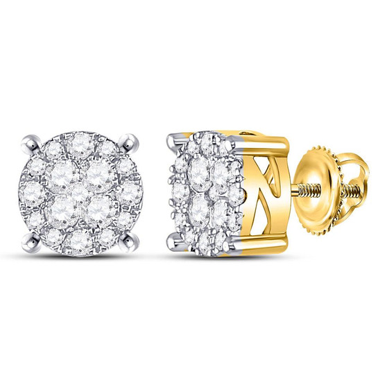 Earrings |  14kt Yellow Gold Womens Round Diamond Circle Frame Cluster Earrings 1 Cttw |  Splendid Jewellery
