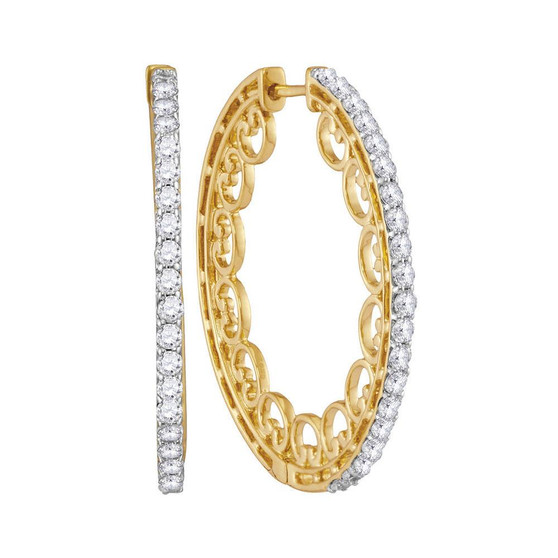 Earrings |  10kt Yellow Gold Womens Round Diamond Single Row Luxury Hoop Earrings 1 Cttw |  Splendid Jewellery