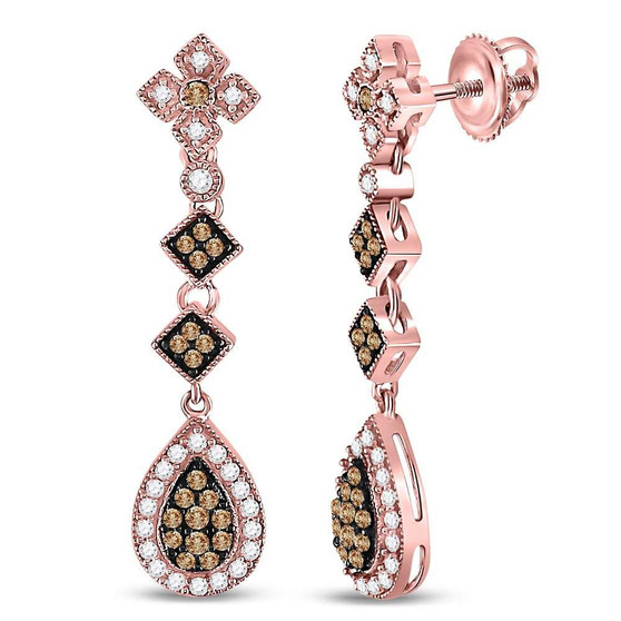 Earrings |  14kt Rose Gold Womens Round Brown Diamond Dangle Earrings 5/8 Cttw |  Splendid Jewellery